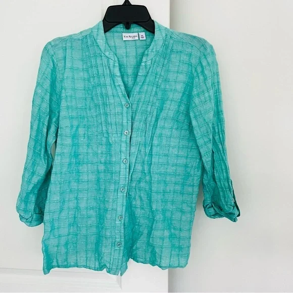 Kim Rogers Linen/Cotton 3/4 Sleeve Button Down Shirt Turquoise - Picture 2 of 14
